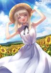  1girl :d amagi_shino bangs bare_arms blonde_hair blue_sky cloud commentary_request day dress field flower hands_on_headwear hat highres lens_flare long_hair looking_at_viewer mountain open_mouth original outdoors purple_eyes sidelocks sky sleeveless sleeveless_dress smile solo straw_hat sundress sunflower white_dress 