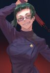  1girl achiko_(a1c2h0i3o) bangs black_jacket closed_mouth glasses green_hair holding jacket jujutsu_kaisen long_sleeves looking_at_viewer open_mouth polearm ponytail school_uniform smile spear weapon zen&#039;in_maki 