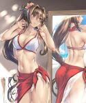  1girl ass bikini blush breasts cleavage collarbone commission flower hair_flower hair_intakes hair_ornament headgear highres kantai_collection kokuzou large_breasts long_hair mirror navel official_alternate_costume parted_lips pink_eyes ponytail sarong sidelocks skeb_commission solo swimsuit very_long_hair white_bikini yamato_(kancolle) 