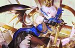  1girl absurdres bangs black_legwear blue_dress blue_gloves box breasts coin crown demon_wings dress elbow_gloves favna_(shuumatsu_no_akasha) frown gloves highres holding holding_weapon horns leaning_to_the_side looking_at_viewer medium_breasts purple_eyes short_hair shuumatsu_no_akasha silver_hair softmode solo thighhighs weapon wings 