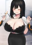  1girl black_bra black_hair black_skirt blue-eyed_girl_(hayabusa) blue_nails blurry blurry_background blush bra breasts closed_eyes closed_mouth fingernails flustered hands_up hayabusa highres huge_breasts lace-trimmed_bra lace_trim nail_polish open_clothes open_mouth open_shirt original pencil_skirt raiden_(hayabusa) shirt shirt_grab short_hair skirt solo_focus tearing_up tears underwear wavy_mouth white_shirt 