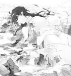  1girl breasts closed_mouth cloud commentary english_commentary genderswap genderswap_(mtf) genshin_impact giant giantess greyscale large_breasts long_hair monochrome mountain navel no_nipples nude partially_colored ruu_gi shiny shiny_hair solo tree yellow_eyes zhongli_(genshin_impact) 