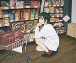  1girl bad_link bangs black_footwear brown_eyes brown_hair chips food hand_on_own_chin hand_up indoors kneeling long_sleeves medium_hair original red_legwear shirt shoes shop shopping_cart sneakers socks solo utsuwa0120 white_shirt 