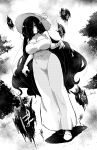  1girl 2ch absurdres black_hair breasts cleavage dress greyscale hasshaku-sama hat highres huge_breasts long_hair monochrome solo tall_female tanasuke very_long_hair white_dress 