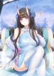  1girl azur_lane bare_shoulders black_hair blue_dress blue_flower blue_legwear breasts chair china_dress chinese_clothes dress flower fur_shawl hair_flower hair_flowing_over hair_ornament hair_stick hairpin halter_dress halterneck highres horns long_hair looking_at_viewer lounge_chair medium_breasts momijizuki_luna noshiro_(azur_lane) noshiro_(fragrance_of_the_eastern_snow)_(azur_lane) official_alternate_costume oni_horns purple_eyes sleeveless sleeveless_dress snow snowflake_print solo 