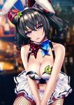  1girl animal_ears artist_name azur_lane bare_shoulders black_hair blurry blurry_background breasts cleavage collar fake_animal_ears fishnet_legwear fishnets hair_horns large_breasts long_hair looking_at_viewer microskirt official_alternate_costume pink_collar purple_eyes san_francisco_(azur_lane) san_francisco_(funny_bunny!)_(azur_lane) shirt skirt solo strapless strapless_shirt white_skirt zeri_(zeristudio) 