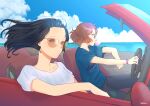  2girls absurdres black_pants blue_shirt blue_sky blush brown_eyes bubble_blowing car chewing_gum closed_mouth cloud convertible driving expressionless ground_vehicle hibike!_euphonium highres kousaka_reina long_hair medium_hair motor_vehicle multiple_girls ocean orange-tinted_eyewear oumae_kumiko pants purple_eyes ratifuu shirt short_sleeves sitting sky sunglasses tinted_eyewear watch white_shirt wind 