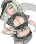  1girl ;) alternate_costume asymmetrical_hair bare_arms belt beret breasts center_opening cleavage closed_mouth cowboy_shot crocodilian_tail crop_top cropped_shirt fang fang_out green_eyes green_hair hand_on_hip hat highres japari_symbol kemono_friends large_breasts leaning_back looking_at_viewer midriff multicolored_hair navel one_eye_closed saltwater_crocodile_(kemono_friends) shibori_kasu shirt short_shorts short_sleeves shorts sketch slit_pupils smile solo stomach tail tied_shirt 