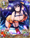 1girl bare_shoulders bent_over black_hair blush breasts card_(medium) chess_piece choker cleavage collarbone eyebrows_visible_through_hair hair_between_eyes high_school_dxd high_school_dxd_pi himejima_akeno holding holding_microphone large_breasts long_hair looking_at_viewer microphone official_art ponytail purple_eyes queen_(chess) solo standing thighhighs tongue tongue_out 