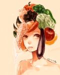  1girl broccoli brown_eyes carrot chili_pepper ckr4.8_(shiren) corn dated eggplant food_request jalapeno_pepper looking_at_viewer mouth_hold mushroom onion original pepper pumpkin solo tomato upper_body 