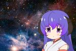  1girl :&lt; bangs blue_hair blush commentary_request curled_horns eyebrows_visible_through_hair gaou_(babel) gradient_hair hair_between_eyes hanyuu higurashi_no_naku_koro_ni horns japanese_clothes kimono long_hair looking_at_viewer multicolored_hair parted_lips purple_eyes purple_hair sleeveless sleeveless_kimono solo space space_cat_(meme) star_(sky) triangle_mouth upper_body white_kimono 