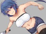  1girl amasaki_ryouko blue_eyes blue_hair blue_shorts breasts commentary_request cowboy_shot cracklecradle denim denim_shorts highres knife long_hair looking_at_viewer midriff navel open_fly ponytail short_shorts shorts smile solo strapless thighhighs tubetop white_tubetop yotaka_(d8spc4r3) 
