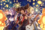  3girls :o absurdres armpits bangs barbara_(genshin_impact) black_gloves black_hair blue_eyes blurry choker commentary_request concert depth_of_field detached_sleeves double_bun drill_hair eyebrows_visible_through_hair fireworks from_side genshin_impact gloves guitar hair_between_eyes hair_ornament hat highres holding holding_instrument holding_microphone instrument keqing_(genshin_impact) light_brown_hair long_hair looking_at_viewer looking_to_the_side microphone moe_shin_image_residue multicolored_hair multiple_girls music night night_sky nun purple_eyes purple_hair sidelocks singing sky star_(sky) starry_sky streaked_hair twin_drills twintails two-tone_hair wide_sleeves xinyan_(genshin_impact) 