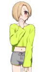  1girl bangs blonde_hair blush brown_eyes chiyoko_(tykchiyo) collarbone commentary covering_mouth cowboy_shot ear_piercing grey_shorts hair_over_one_eye hand_up idolmaster idolmaster_cinderella_girls jewelry long_sleeves looking_at_viewer midriff navel piercing shirasaka_koume shirt short_hair shorts simple_background sleeves_past_wrists solo white_background yellow_nails 