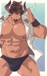 1boy abs absurdres alternate_costume bara barawa bare_pectorals black_male_swimwear blush brown_eyes brown_hair bulge commission draph facial_hair goatee granblue_fantasy hand_up highres horns juggermelon large_pectorals male_focus male_swimwear mature_male muscular muscular_male navel nipples open_clothes open_shirt pectorals pointy_ears shirt short_hair solo stomach swim_briefs thick_thighs thighs white_shirt 