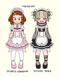  2girls :&gt; alternate_costume apron back_bow bangs black_bow black_dress black_legwear black_nails black_theme blonde_hair blunt_bangs blush boku_no_hero_academia bow brown_eyes brown_hair character_name double_bun dress enmaided eyebrows_visible_through_hair fangs fishnet_legwear fishnets frilled_apron frilled_dress frills full_body full_moon hair_ornament hairpin highres long_sleeves looking_at_viewer maid messy_hair moon multiple_girls nns146 open_mouth pantyhose pink_dress pink_theme puffy_long_sleeves puffy_short_sleeves puffy_sleeves see-through_sleeves short_hair short_sleeves simple_background smile sock_garters socks standing toga_himiko uraraka_ochako white_legwear wrist_cuffs yellow_eyes 