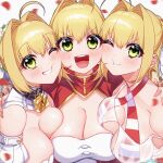  3girls absurdres ahoge arm_around_neck bangs bikini bodysuit braid braided_bun breast_press breasts chain cheek-to-cheek cleavage criss-cross_halter dress epaulettes fate/extra fate/grand_order fate_(series) french_braid girl_sandwich green_eyes hair_bun hair_intakes halterneck highres leotard lock multiple_girls multiple_persona nero_claudius_(bride)_(fate) nero_claudius_(fate) nero_claudius_(fate/extra) nero_claudius_(swimsuit_caster)_(fate) one_eye_closed padlock padlocked_collar red_dress sandwiched striped striped_bikini swimsuit symmetrical_docking twintails twitter_username white_bodysuit white_leotard white_sleeves yayoi_maka 