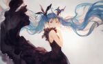  1girl absurdly_long_hair ahoge black_bow black_dress blue_eyes blue_hair bow ckr4.8_(shiren) commentary dress floating_hair from_side hair_bow hand_up hatsune_miku highres long_hair looking_at_viewer looking_to_the_side shinkai_shoujo_(vocaloid) simple_background sleeveless sleeveless_dress smile solo twintails very_long_hair vocaloid white_background 