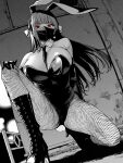  1girl animal_ears bangs bare_shoulders between_breasts blunt_bangs boots breasts cleavage cross-laced_footwear detached_collar eyebrows_visible_through_hair fishnet_legwear fishnets gloves greyscale hand_on_own_knee highres ice_reizou kneeling large_breasts long_hair looking_at_viewer mask mole mole_under_eye monochrome mouth_mask necktie original pantyhose playboy_bunny rabbit_ears rabbit_tail red_eyes solo tail 