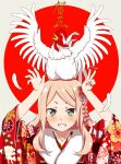  1girl 2017 animal animal_on_head arms_up bird bird_on_head blonde_hair blush chicken chinese_zodiac commentary_request feathers floral_print flower fujioka_toki fur-trimmed_kimono fur_trim green_eyes hair_flower hair_ornament japanese_clothes kanzashi kimono long_hair looking_at_viewer new_year on_head original parted_lips print_kimono red_sun rooster short_eyebrows smile teeth two-tone_background upper_body v wide_sleeves year_of_the_rooster 