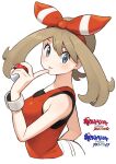  1girl bangs black_undershirt blue_eyes blush bow brown_hair copyright_name cropped_torso fanny_pack hair_bow hand_up highres holding holding_poke_ball index_finger_raised long_hair looking_at_viewer may_(pokemon) omaru_gyuunyuu parted_lips poke_ball poke_ball_(basic) pokemon pokemon_(game) pokemon_oras red_bow red_tank_top simple_background solo striped striped_bow tank_top undershirt upper_body white_background wristband 