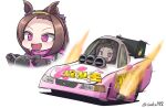  1girl absurdres alternate_costume animal_ears bodysuit brown_hair car commentary flower_in_eye ford ford_mustang gloves ground_vehicle hairband high_ponytail highres horse_ears horse_girl itasha motor_vehicle pink_eyes racecar sakura_bakushin_o_(umamusume) sakusan_(ss-awesome) signature solo steering_wheel symbol_in_eye umamusume 