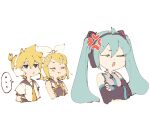  ... 1boy 2girls :t anger_vein angry aqua_hair aqua_neckwear bangs bare_shoulders black_sleeves blonde_hair blue_eyes chibi collar commentary cropped_torso crossed_arms detached_sleeves grey_collar grey_shirt grey_sleeves hair_ornament hairclip hatsune_miku headphones highres kagamine_len kagamine_rin long_hair m0ti multiple_girls necktie open_mouth pout shirt short_hair short_ponytail short_sleeves sketch sleeveless sleeveless_shirt speech_bubble spiked_hair spoken_ellipsis sweat swept_bangs twintails upper_body v-shaped_eyebrows vocaloid white_background white_shirt yellow_neckwear 