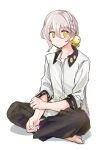  1boy barefoot bell black_pants braid commentary expressionless grey_hair hair_bell hair_ornament highres indian_style iori_yuzuru ishitsuki_(_0101_831) looking_at_viewer male_focus no_neckwear pants shirt sitting solo voiceroid white_background white_shirt yellow_eyes 