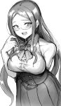  1girl :d blush bow bowtie breasts buttons commentary_request danganronpa_(series) danganronpa_v3:_killing_harmony glasses greyscale hand_on_back highres large_breasts long_hair looking_to_the_side monochrome open_mouth shirogane_tsumugi skirt sleeveless smile suurin_(ksyaro) teeth white_background 