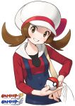 1girl blush bow breasts brown_eyes brown_hair copyright_name cropped_torso hat hat_bow highres holding holding_poke_ball long_sleeves looking_at_viewer lyra_(pokemon) omaru_gyuunyuu poke_ball pokemon pokemon_(game) pokemon_hgss red_shirt shirt simple_background smile solo suspenders teeth twintails upper_body white_background white_headwear 