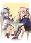  2girls absurdres ane_hoshimaru aqua_neckwear aqua_skirt black_legwear black_ribbon black_skirt blue_hair blue_sailor_collar blue_shirt brown_eyes card chair commentary_request commission dixie_cup_hat double_bun grin hat hat_ribbon highres johnston_(kancolle) kantai_collection light_brown_hair long_hair long_sleeves medal military_hat miniskirt multiple_girls neckerchief off_shoulder old_maid playing_card pleated_skirt pointing red_footwear ribbon sailor_collar samuel_b._roberts_(kancolle) school_uniform serafuku shirt short_hair sitting skirt sleeve_cuffs smile table thighhighs two_side_up united_states_medal_of_honor white_headwear white_shirt 
