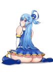  1girl absurdres aqua_(konosuba) ass bare_shoulders beads blue_eyes blue_hair boots detached_sleeves dress hair_beads hair_ornament hair_rings highres kono_subarashii_sekai_ni_shukufuku_wo! looking_back no_panties short_dress sitting solo thigh_boots thighhighs vaulting_horse wariza white_background yuusha 