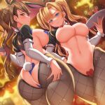  2girls animal_ears ass ass_grab bangs beatrix_(granblue_fantasy) black_hairband blonde_hair blue_eyes blurry blurry_background braid breasts brown_hair brown_legwear cherry closed_mouth commentary_request cowboy_shot cup drinking_glass dutch_angle eyebrows_visible_through_hair fake_animal_ears food from_behind from_below fruit grabbing_own_ass granblue_fantasy hair_intakes hairband hand_up heart_maebari heart_pasties highres holding holding_tray indoors large_breasts long_hair long_sleeves maebari meme_attire multiple_girls navel pantyhose pasties ponytail rabbit_ears rabbit_tail reverse_bunnysuit reverse_outfit shrug_(clothing) standing stomach sweatdrop tail tray twintails very_long_hair yasojima_nejiro zeta_(granblue_fantasy) 