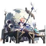  1girl ahoge black_legwear blue_scarf dome full_body girls&#039;_frontline girls&#039;_frontline_neural_cloud hair_over_one_eye highres hood hood_down mai_(girls&#039;_frontline_nc) official_art open_mouth pink_eyes pink_hair satellite_dish scarf shoes short_hair shorts sitting sneakers solar_panel solo symbol-shaped_pupils thighhighs transparent_background weather_vane white_footwear 