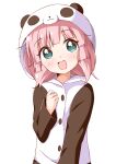  1girl :d animal_costume animal_hood bangs blush eyebrows_visible_through_hair green_eyes hand_up haru_(konomi_150) highres hood hood_up looking_at_viewer open_mouth pajamas panda_costume panda_hood pink_hair shiny shiny_hair short_hair simple_background smile solo upper_body white_background yoshikawa_chinatsu yuru_yuri 