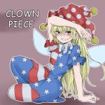  1girl american_flag_dress american_flag_legwear arm_up blonde_hair breasts brown_background character_name clownpiece fairy_wings fe_(tetsu) full_body grin hat highres jester_cap long_hair looking_at_viewer neck_ruff pantyhose polka_dot polka_dot_headwear red_eyes red_headwear short_sleeves sitting small_breasts smile solo star_(symbol) star_print striped touhou very_long_hair wings 
