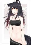  1girl absurdres animal_ear_fluff animal_ears arknights bare_shoulders black_bandeau black_hair black_shorts blush breasts cleavage clothes_pull commentary cowboy_shot dated_commentary gradient_hair groin highres large_breasts looking_at_viewer multicolored_hair open_mouth red_eyes red_hair samip shirt shorts shorts_pull solo strapless tail texas_(arknights) tubetop undressing white_background wolf_ears wolf_girl wolf_tail 