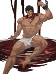  1boy abs absurdres amo9612 bara black_hair blood blood_on_face boxers bulge chain chained dark-skinned_male dark_skin davion_(dota:dragon&#039;s_blood) dota:dragon&#039;s_blood facial_hair foot_out_of_frame forked_eyebrows goatee highres large_pectorals light_blush looking_at_viewer male_focus male_underwear mature_male muscular muscular_male navel navel_hair nipples pectorals pool_of_blood scar scar_on_chest short_hair sideburns solo stomach stubble thick_thighs thighs tooth_necklace underwear underwear_only white_male_underwear 