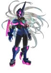  1other ambiguous_gender armor armored_boots artist_request blaster_master_zero blaster_master_zero_2 blue_armor boots glowing glowing_eyes grey_hair hair_between_eyes hair_strand helmet highres horns leibniz_(blaster_master) long_hair neon_lights neon_trim official_art pilot_suit pink_eyes purple_eyes silver_hair single_horn very_long_hair visor visor_(armor) white_hair 