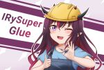  1girl bangs character_name english_commentary eyebrows_visible_through_hair glue hair_behind_ear hardhat helmet holding hololive hololive_english horns irys_(hololive) jan_azure long_hair one_eye_closed overalls pointy_ears portrait purple_eyes purple_hair solo thumbs_up virtual_youtuber 