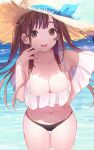  1girl :d bare_shoulders bikini black_bikini breasts brown_eyes brown_hair brown_headwear cleavage collarbone day hand_up hat highres idolmaster idolmaster_shiny_colors kuri_choko large_breasts long_hair looking_at_viewer mismatched_bikini navel off_shoulder open_mouth outdoors revision smile solo sonoda_chiyoko stomach straw_hat swimsuit thighs two_side_up wading water white_bikini 