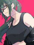  1girl alpha_(crzk5444) bangs black_hair black_jacket glasses green_hair jacket jujutsu_kaisen long_sleeves looking_at_viewer ponytail smile tank_top weapon zen&#039;in_maki 