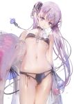  1girl absurdres bikini black_bikini black_choker breasts chain choker commentary_request highres iijima_masashi long_hair looking_at_viewer mouth_hold multi-strapped_bikini navel original purple_eyes purple_hair simple_background small_breasts solo swimsuit thighs twintails very_long_hair wet white_background 