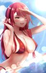  1girl absurdres bangs bare_arms bare_shoulders bikini blush breasts cleavage collarbone earrings eyebrows_visible_through_hair fang highres hololive houshou_marine in_water jewelry kazanock large_breasts long_hair navel necklace one_eye_closed outdoors parted_lips red_bikini red_hair skin_fang smile solo sunlight swimsuit virtual_youtuber water yellow_eyes 