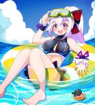  .live 1girl absurdres alternate_costume alternate_hairstyle blush breasts carro_pino commentary_request goggles goggles_on_head hair_ribbon highres innertube looking_at_viewer medium_breasts ocean open_mouth ponytail purple_eyes purple_hair ribbon rikuton sky solo virtual_youtuber water 