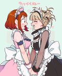  2girls alternate_costume apron back_bow bangs black_dress black_theme blonde_hair blue_background blunt_bangs blush boku_no_hero_academia bow brown_eyes brown_hair closed_eyes double_bun dress enmaided eyebrows_visible_through_hair fang frilled_apron frilled_sleeves frills from_side hair_bow hair_ornament heart highres holding_hands long_sleeves maid maid_headdress medium_hair messy_hair multiple_girls nns146 open_mouth pink_dress pink_theme puffy_long_sleeves puffy_short_sleeves puffy_sleeves see-through_sleeves short_hair short_sleeves sidelocks simple_background smile star_(symbol) star_print sweatdrop toga_himiko uraraka_ochako wide-eyed wrist_cuffs yuri 