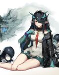  1girl absurdres antlers aqua_gloves aqua_hair arknights arm_support bangs bare_legs bare_shoulders bead_bracelet beads black_hair black_jacket bracelet breasts collar collared_dress commentary dragon dragon_girl dragon_horns dress dusk_(arknights) earrings elbow_gloves feet_out_of_frame gloves gradient_hair grin hair_over_one_eye hand_up highres horns jacket jewelry legs long_hair long_sleeves looking_at_viewer molyb multicolored_hair necktie one_eye_covered open_clothes open_jacket pencil_dress pointy_ears red_eyes red_neckwear shiny shiny_skin short_dress sidelocks sitting smile solo streaked_hair swept_bangs tail taut_clothes taut_dress thighs torn_clothes torn_neckwear wide_sleeves 
