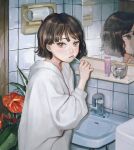  1girl bangs blush brown_eyes brown_hair brushing_teeth closed_mouth expressionless flower highres holding holding_toothbrush indoors long_sleeves looking_at_viewer mirror original plant red_flower shirt short_hair sink solo standing sweater sweatshirt toothbrush toothbrush_in_mouth utsuwa0120 white_shirt white_sweater white_sweatshirt 