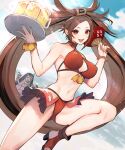  1boy 1girl alcohol bare_legs beer bikini bikini_skirt bikini_top breasts bridget_(guilty_gear) brown_eyes brown_hair curry curry_rice drink food guilty_gear guilty_gear_strive habit hair_ornament hairclip hand_fan high_heels highres ice_cream kuradoberi_jam large_breasts long_hair looking_at_viewer midriff navel ocean open_mouth oro_(sumakaita) rice stomach sundae swimsuit thighs wet wet_clothes 