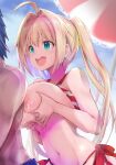  1boy 1girl :d ahoge areolae asahi_(fullmetal_madness) bikini blonde_hair blue_sky breast_hold breasts cloud commentary_request day fate/grand_order fate_(series) green_eyes hetero large_breasts long_hair navel nero_claudius_(fate) nero_claudius_(swimsuit_caster)_(fate) open_mouth parasol red_bikini sky smile solo_focus striped striped_bikini swimsuit teeth twintails umbrella upper_teeth 